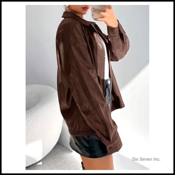 PU Leather Bomber Jacket Zip Up Collared Long Sleeve Casual Motorcycle Outerwear - Picture 3 of 6